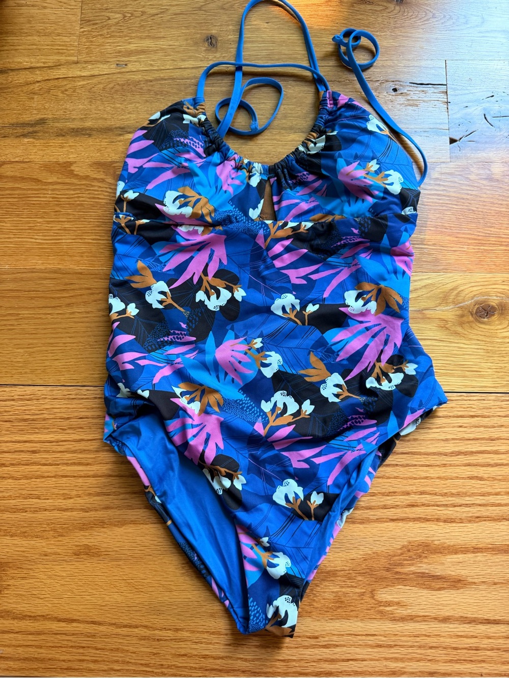 Patagonia Blue Floral Halter One-Piece Swimsuit with Pink and Brown Accents